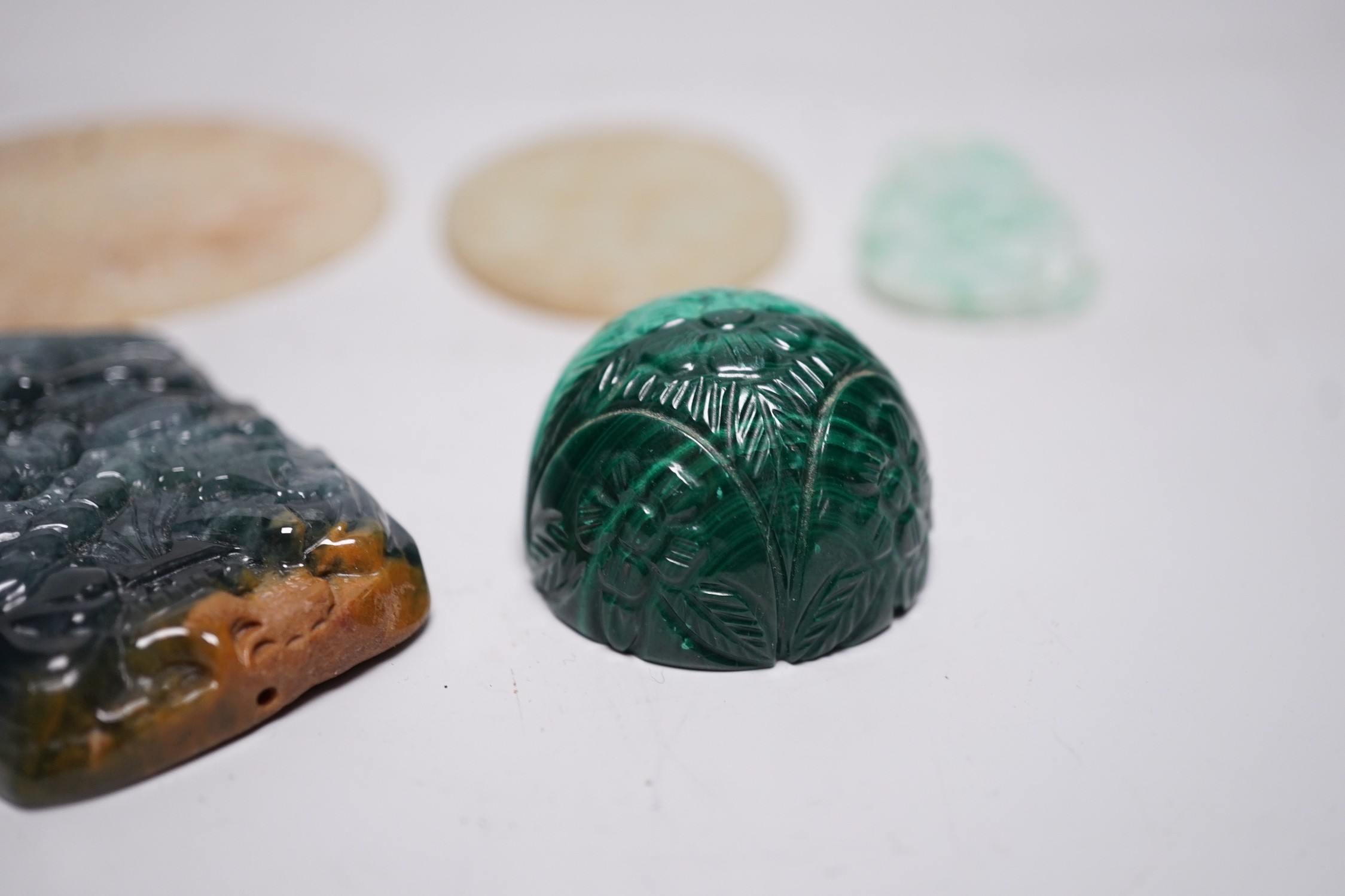Two Chinese jadeite carvings, two pierce hardstone plaques and a malachite carving (5)